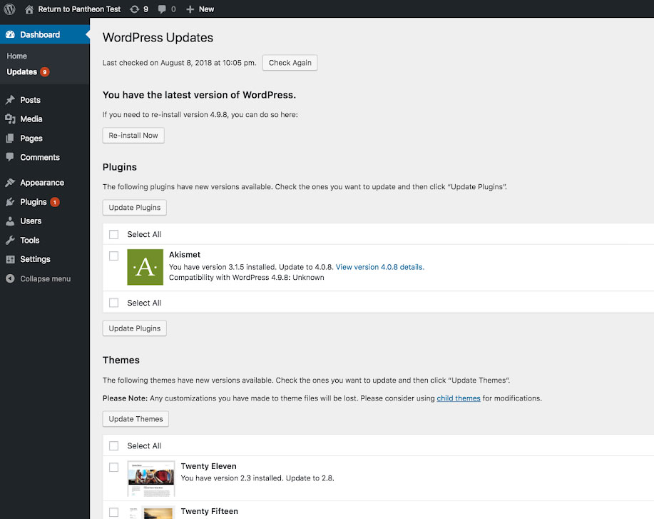 A screenshot of a WordPress website with updates available